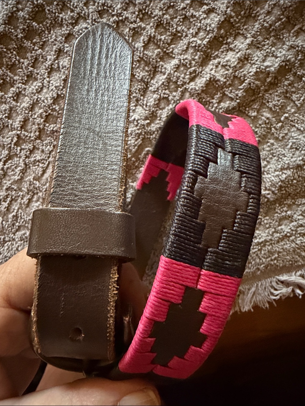 Leather Polo Belt Pampa Diamond Pink - Black Western Aztec - SZ 27”